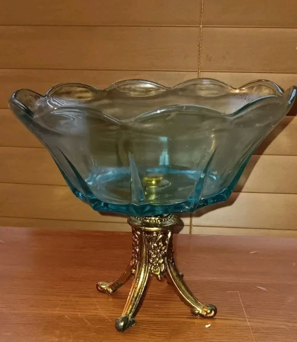 Vintage L L WMC Glass Blue & Brass Pedestal 1970 Centerpiece Candy Bowl